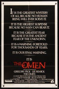 8e637 OMEN style E 1sh '76 Gregory Peck, Lee Remick, it is our final warning!