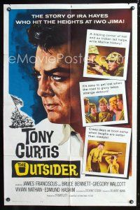 8e646 OUTSIDER 1sh '62 great close up art of Tony Curtis as Ira Hayes of Iwo Jima fame!
