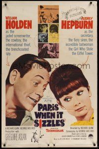 8e650 PARIS WHEN IT SIZZLES 1sh '64 Audrey Hepburn with gun & barechested William Holden in France