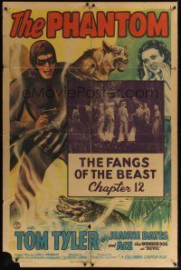 8e660 PHANTOM chapter 12 1sh '43 serial, cool art of Tom Tyler, The Fangs of the Beast!