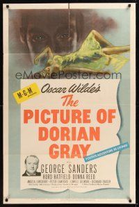 8e665 PICTURE OF DORIAN GRAY 1sh '45 George Sanders, Hurd Hatfield, Donna Reed, creepy art!