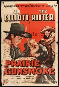 8e679 PRAIRIE GUNSMOKE 1sh '42 action art of Wild Bill Elliott, Tex Ritter running down outlaws!