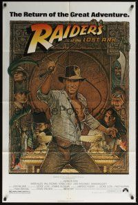8e699 RAIDERS OF THE LOST ARK 1sh R80s great art of adventurer Harrison Ford by Richard Amsel!