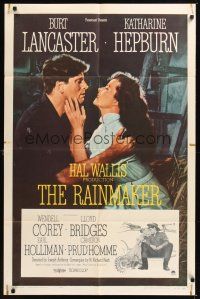 8e700 RAINMAKER 1sh '56 great romantic close up of Burt Lancaster & Katharine Hepburn!
