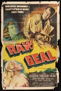 8e705 RAW DEAL 1sh '48 Anthony Mann, art of Dennis O'Keefe with gun & sexy bad girl Claire Trevor!