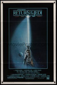 8e712 RETURN OF THE JEDI 1sh '83 George Lucas, Mark Hamill, Harrison Ford, classic lightsaber art!