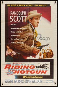 8e721 RIDING SHOTGUN 1sh '54 great image of cowboy Randolph Scott with smoking gun!