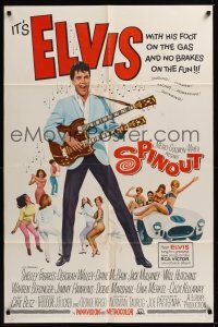 8e812 SPINOUT 1sh '66 Elvis playing a double-necked guitar, foot on the gas & no brakes on the fun