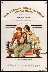 8e829 STING 1sh '74 best artwork of con men Paul Newman & Robert Redford by Richard Amsel!