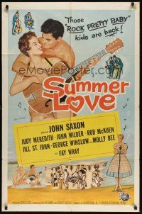 8e842 SUMMER LOVE 1sh '58 very young John Saxon plays guitar with pretty girl on beach!