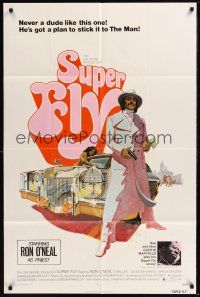 8e845 SUPER FLY 1sh '72 great artwork of Ron O'Neal with car & girl sticking it to The Man!