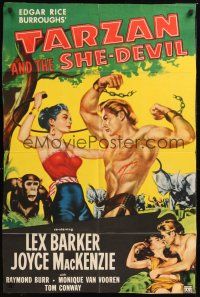 8e865 TARZAN & THE SHE-DEVIL 1sh '53 sexy Joyce MacKenzie swings whip at barechested Lex Barker!