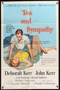8e868 TEA & SYMPATHY 1sh '56 great artwork of Deborah Kerr & John Kerr by Gale, classic tagline!