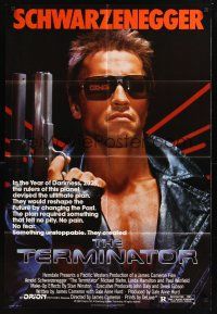 8e872 TERMINATOR 1sh '84 super close up of most classic cyborg Arnold Schwarzenegger with gun!