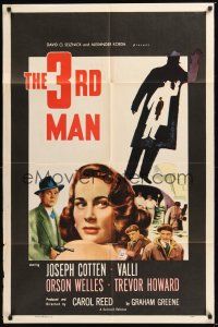 8e882 THIRD MAN 1sh R54 Orson Welles, different art of Cotten & Valli, classic film noir!