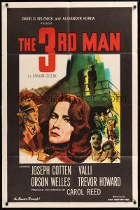 8e883 THIRD MAN 1sh R56 art of Orson Welles in doorway, plus Cotten & Valli, classic film noir!