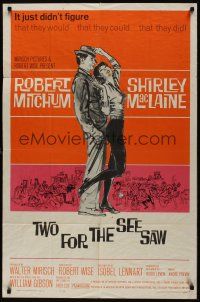 8e933 TWO FOR THE SEESAW 1sh '62 art of Robert Mitchum & sexy beatnik Shirley MacLaine!