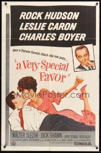 8e951 VERY SPECIAL FAVOR 1sh '65 Charles Boyer, Rock Hudson tries to unwind sexy Leslie Caron!