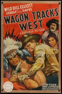 8e960 WAGON TRACKS WEST 1sh '43 cool artwork of Wild Bill Elliot vs. Indian, Gabby Hayes!