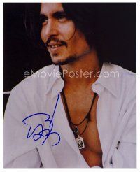 8h069 JOHNNY DEPP signed color 8x10 REPRO still '00s close smiling portrait with his shirt open!
