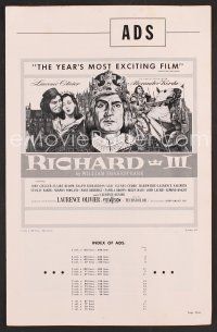 8h294 RICHARD III pressbook '55 Laurence Olivier as the director and in the title role!
