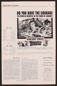 8h303 TOWER OF LONDON pressbook '62 Vincent Price, Roger Corman, do you have the courage?