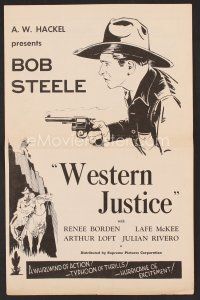 8h304 WESTERN JUSTICE pressbook '35 cool artwork of cowboy Bob Steele with pistol drawn!