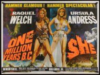8j286 ONE MILLION YEARS B.C./SHE British quad '60s Raquel Welch & Ursula Andress, sexy double-bill