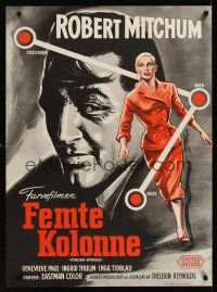 8j351 FOREIGN INTRIGUE Danish '57 cool different artwork of Robert Mitchum, Genevieve Page!