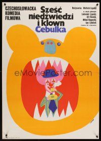 8j478 SIX BEARS & A CLOWN Polish 23x33 '73 Zbikowski art of creepy clown & bear from Czech circus!