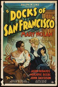 8k153 DOCKS OF SAN FRANCISCO  1sh '32 stone litho art of Mary Nolan & Jason Robards Sr. with gun!