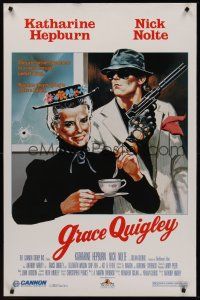 8k243 GRACE QUIGLEY video 1sh '85 cool artwork of Kate Hepburn w/tea and Nick Nolte w/gun!