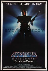 8k379 MASTERS OF THE UNIVERSE advance 1sh '87 shadowy image of Dolph Lundgren as He-Man!