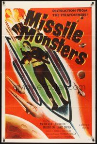 8k395 MISSILE MONSTERS  1sh '58 aliens bring destruction from the stratosphere, wacky sci-fi art!