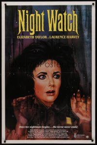 8k418 NIGHT WATCH video 1sh R87 Laurence Harvey, art of frightened Elizabeth Taylor!