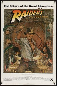 8k469 RAIDERS OF THE LOST ARK  1sh R80s great art of adventurer Harrison Ford by Richard Amsel!