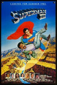 8k585 SUPERMAN III advance 1sh '83 art of Christopher Reeve flying with Richard Pryor by L. Salk!
