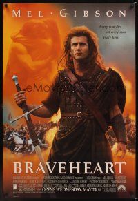 8m107 BRAVEHEART advance 1sh '95 cool image of Mel Gibson as William Wallace!