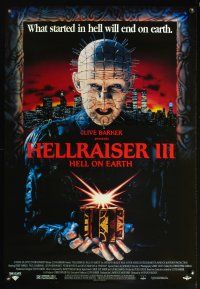 8m306 HELLRAISER III: HELL ON EARTH video 1sh '92 Clive Barker, great c/u of Pinhead holding cube!