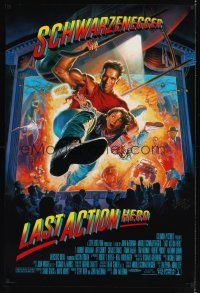 8m390 LAST ACTION HERO signed 1sh '93 by Morgan, cool artwork of Arnold Schwarzenegger!
