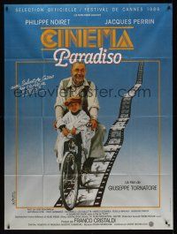 8p307 CINEMA PARADISO French 1p '89 great image of Philippe Noiret & Salvatore Cascio on bike!