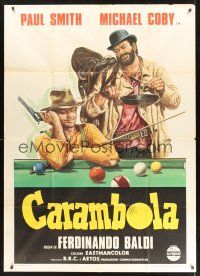 8p022 CARAMBOLA Italian 1p '73 wonderful artwork of cowboys sitting at pool table!