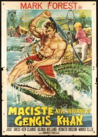 8p218 HERCULES AGAINST THE BARBARIAN Italian 2p '64 different art of Forest as Maciste vs gator!