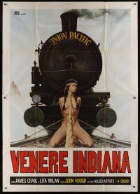 8p237 NAKED IN THE SUN Italian 2p R70s wild art of naked Native American girl tied on train tracks!