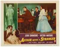 8t154 AFFAIR WITH A STRANGER revised LC #5 '53 pretty Jean Simmons watches Victor Mature at the bar!