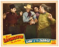 8t448 LAW OF THE SADDLE LC '43 Bob Livingston as The Lone Rider holds a gun on bad guys!