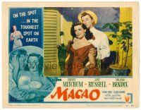 8t471 MACAO LC #1 '52 Josef von Sternberg, best c/u of Robert Mitchum holding sexy Jane Russell!