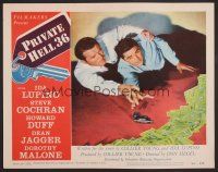 8t571 PRIVATE HELL 36 LC #2 '54 Steve Cochran & Howard Duff on floor fighting for gun & money!