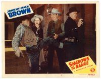 8t630 SHADOWS ON THE RANGE LC #4 '46 Johnny Mack Brown & girl watch Raymond Hatton kick bad guy!