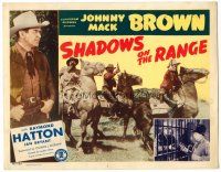 8t105 SHADOWS ON THE RANGE TC '46 great image of cowboy Johnny Mack Brown & masked outlaws!